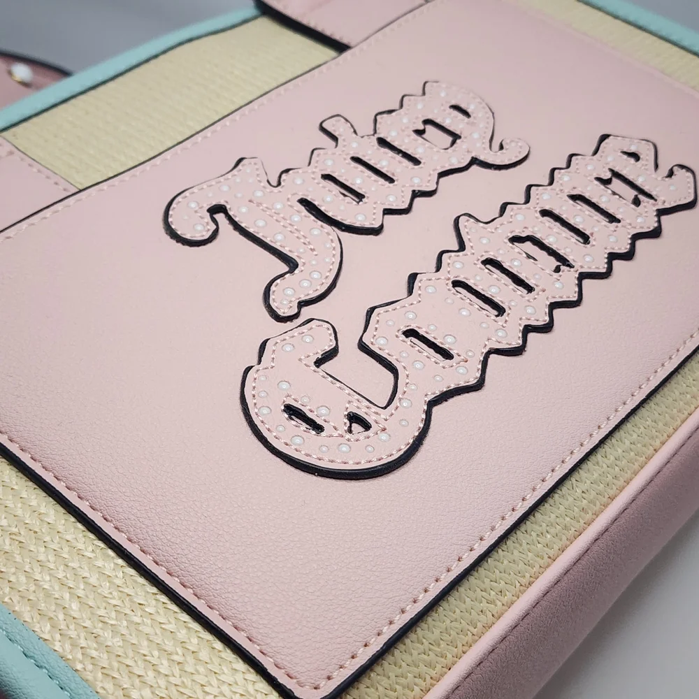 Juicy Couture Pink & Straw Satchel Bag NWT Logo Front Pocket + Coin Purse